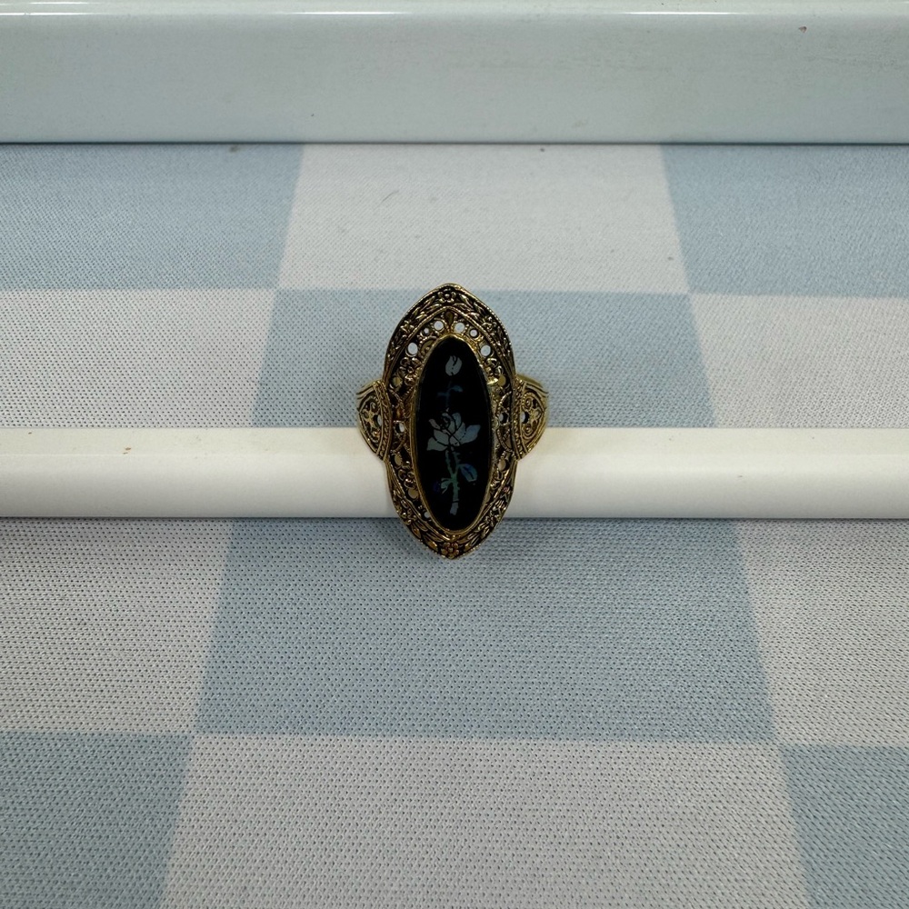 Vintage 14KTGE ELECTROPLATED mosaic Rose Opal Triplet Ring Filigree